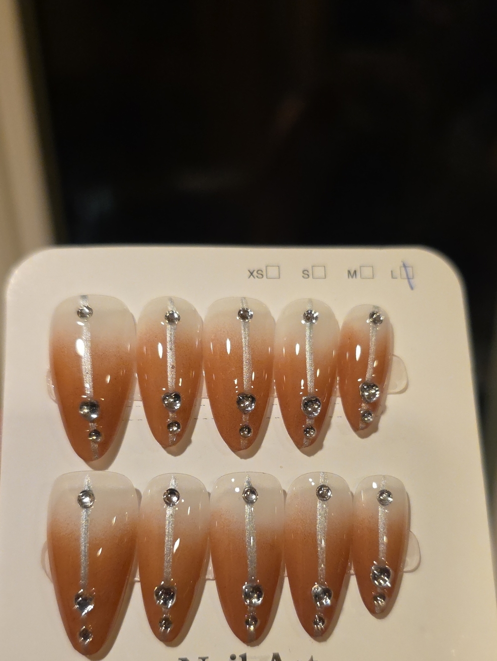 Crystal Accent Ombre Press-On Nails - Brown and White Size Large